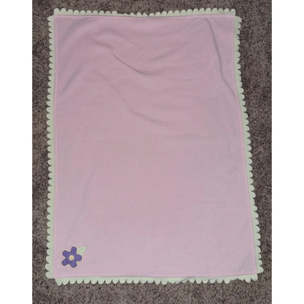 Carter's Baby Pink Blanket Green‎ Scalloped Trim Purple Flower Rare